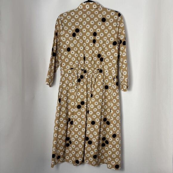 TALBOTS Womens Midi Shirt Dress Tan Daisy Polk Dot Floral Print Size 8 Retro - Picture 4 of 10